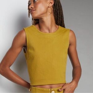 Maeve Anthropologie Mansfield Crop Top Vest Yellow Green Button Sleeveless Sz XS